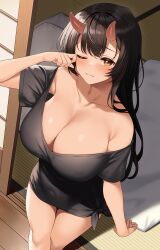 Rule 34 | 1girl, absurdres, bare shoulders, black hair, blanket, blush, breasts, brown eyes, cleavage, closed mouth, collarbone, commentary request, covered navel, enjo kouhai, futon, highres, horns, huge breasts, long hair, looking at viewer, one eye closed, oni, origamine ouka, oversized clothes, oversized shirt, rubbing eyes, shirt, short sleeves, skin-covered horns, sleepy, sliding doors, solo, takunomi, very long hair, waking up