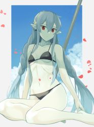 Rule 34 | 1girl, absurdres, arknights, bare arms, bare legs, bare shoulders, barefoot, bikini, black bikini, braid, breasts, commentary request, grey hair, hair between eyes, head tilt, highres, long braid, long hair, mutsuki albino, navel, official alternate costume, partial commentary, petals, pointy ears, red eyes, sidelocks, sitting, small breasts, solo, stomach, swimsuit, thighs, twin braids, very long hair, warfarin (arknights), warfarin (casual vacation) (arknights), yokozuwari