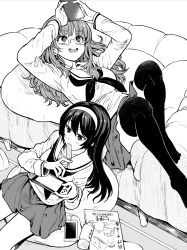 Rule 34 | 2girls, absurdres, arms up, bean bag chair, blouse, blunt bangs, bonkara (sokuseki maou), bottle, cellphone, commentary, controller, couch, eyes visible through hair, food, game controller, girls und panzer, glasses, greyscale, hairband, highres, holding, holding controller, holding food, holding game controller, holding phone, indoors, knees up, long hair, long sleeves, lying, miniskirt, monochrome, multiple girls, neckerchief, nintendo switch, on back, on couch, ooarai school uniform, open mouth, phone, pleated skirt, popsicle, reizei mako, school uniform, serafuku, shirt, sitting, skirt, smartphone, smile, takebe saori, thighhighs, water bottle