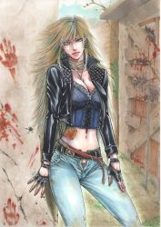 Rule 34 | 1girl, bandaged neck, bandages, bandaid, belt, blonde hair, blood, bloody handprints, breasts, bustier, cleavage, corset, denim, dirty, dirty clothes, earrings, fence, fingerless gloves, fingernails, frills, gloves, green eyes, green hair, gyuu-lunch, handprint, heterochromia, highres, jacket, jeans, jewelry, large breasts, leather, leather jacket, long fingernails, long hair, looking at viewer, marker (medium), midriff, multicolored hair, navel, original, outdoors, pants, pendant, solo, standing, traditional media, two-tone hair, wooden fence, zombie