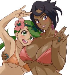 Rule 34 | 2girls, :d, age difference, arm up, armpits, arms up, bare arms, bare shoulders, bikini, black hair, blue nails, blush, bra, breasts, cleavage, closed mouth, collarbone, creatures (company), dark-skinned female, dark skin, diamond (gemstone), diamond (shape), earrings, elite four, female focus, fingernails, flower, flower on head, game freak, green eyes, green hair, hair flower, hair ornament, hand gesture, hand on another&#039;s back, happy, head on chest, head tilt, hug, island kahuna, jewelry, large breasts, lips, lipstick, long hair, looking at viewer, low twintails, makeup, mallow (pokemon), medium breasts, multiple girls, nail polish, nakaba, neck, nintendo, olivia (pokemon), open mouth, orange bikini, orange bra, pink bikini, pink bra, pink lips, pokemon, pokemon sm, purple eyes, purple lips, red bikini, short hair, simple background, smile, swept bangs, swimsuit, trial captain, twintails, underboob, underwear, upper body, white background, yuri
