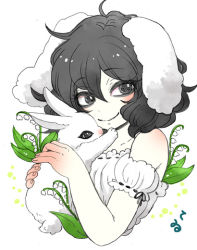 Rule 34 | 1girl, animal ears, bare shoulders, black eyes, black hair, blush, body blush, detached sleeves, flower, inaba tewi, lily of the valley, looking at viewer, mashuu masaki, puffy detached sleeves, puffy sleeves, rabbit, rabbit ears, ribbon-trimmed sleeves, ribbon trim, short hair, simple background, smile, solo, touhou, upper body, white background
