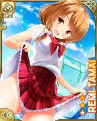 Rule 34 | 1girl, :o, bow, bowtie, brown eyes, brown hair, card (medium), chainlink fence, clothes lift, day, girlfriend (kari), lifted by self, looking at viewer, low twintails, official art, open mouth, outdoors, plaid, plaid skirt, pleated skirt, qp:flapper, red bow, red skirt, school, school uniform, shirt, skirt, skirt lift, socks, solo, standing, tagme, tamai remi, twintails, white shirt