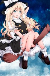 Rule 34 | 1girl, aoi (husiginokuninoa), aoi @ pen tabu naot ta, bad id, bad pixiv id, blonde hair, blue eyes, bow, braid, broom, broom riding, colorized, female focus, hat, highres, kirisame marisa, shoes, sky, smile, solo, touhou, witch, witch hat