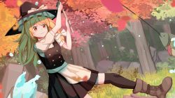 Rule 34 | 1girl, absurdres, apron, autumn leaves, black headwear, black skirt, black thighhighs, black vest, blonde hair, braid, brown footwear, closed mouth, commentary, cross-laced footwear, english commentary, fish, fishing rod, highres, kirisame marisa, long hair, outdoors, red eyes, shirt, side braid, single braid, skirt, smile, solo, thighhighs, touhou, tree, vanilla flan, vest, waist apron, white apron, white shirt