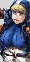 Rule 34 | 1girl, apex legends, blue bodysuit, blue eyes, blue headwear, blush, bodysuit, breasts, breasts out, covered erect nipples, facial scar, freckles, grey background, highres, hood, hooded jacket, jacket, large breasts, nipples, noblood (ryandomonica), open mouth, orange jacket, ribbed bodysuit, scar, scar on cheek, scar on face, smile, solo, tongue, tongue out, upper body, wattson (apex legends)