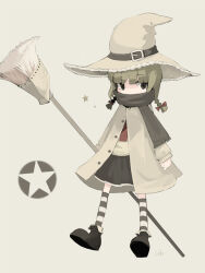 Rule 34 | 1girl, black footwear, black skirt, blunt bangs, boots, braid, broom, full body, green hair, grey thighhighs, hair ribbon, hat, hat belt, holding, holding broom, inemuri uno, jacket, long hair, long sleeves, necktie, original, red necktie, red ribbon, ribbon, scarf, scarf over mouth, simple background, skirt, solo, standing, star (symbol), striped clothes, striped thighhighs, sweater, thighhighs, twin braids, white thighhighs, witch hat