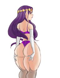 Rule 34 | 1girl, ass, drawfag, elbow gloves, eyeshadow, forehead jewel, from behind, gloves, highres, lips, lipstick, long hair, makeup, nintendo, over-kneehighs, pointy ears, princess hilda, purple hair, purple lips, red eyes, sketch, solo, the legend of zelda, the legend of zelda: a link between worlds, thick thighs, thighhighs, thighs, thong, tiara, triforce, underwear, underwear only, white gloves