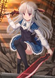 Rule 34 | 10s, 1girl, absolute duo, dual wielding, highres, holding, kazenokaze, long hair, red eyes, silver hair, solo, sword, two side up, weapon, yurie sigtuna