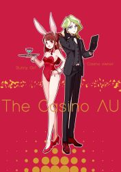 Rule 34 | 2girls, alternate universe, animal ears, bow, bowtie, casino, commentary request, diana cavendish, english text, fake animal ears, formal, gloves, high heels, kagari atsuko, leotard, little witch academia, milk puppy, multiple girls, playboy bunny, playboy bunny, rabbit ears, red heels, suit