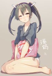 Rule 34 | 10s, 1girl, barefoot, blush, brown eyes, full body, grey background, grey hair, hair ribbon, japanese clothes, kantai collection, knees together feet apart, looking at viewer, meth (emethmeth), no pants, panties, pillow, ribbon, side-tie panties, simple background, sitting, solo, twintails, underwear, wariza, white panties, yes, yes-no pillow, zuikaku (kancolle)