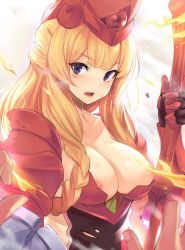 Rule 34 | 1girl, armor, armored dress, athena (granblue fantasy), blonde hair, braid, breasts, commentary request, fire, gauntlets, granblue fantasy, helmet, highres, holding, holding weapon, kztk, large breasts, long hair, looking at viewer, nipples, out of frame, purple eyes, shield, shoulder armor, sidelocks, upper body, very long hair, weapon