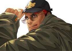 Rule 34 | 1boy, adjusting clothes, adjusting headwear, bara, baseball cap, cheekbones, dark-skinned male, dark skin, facial hair, glasses, goatee, hat, highres, jacket, kansuke (kansuke 717), licking lips, live a hero, looking at viewer, male focus, mature male, mustache stubble, opaque glasses, partially opaque glasses, polaris mask (live a hero), seductive smile, short hair, sleeves past wrists, smile, solo, stubble, sunglasses, thick eyebrows, tongue, tongue out, upper body
