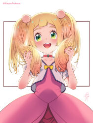 Rule 34 | 1girl, :d, blonde hair, blush, bow, bunching hair, choker, collarbone, commentary request, cosplay, creatures (company), dress, eyelashes, game freak, gem, green eyes, green gemstone, hands up, highres, holding, holding own hair, jacket, kinocopro, lillie (pokemon), long hair, looking at viewer, may (pokemon), may (pokemon) (cosplay), nintendo, open mouth, pink dress, pokemon, pokemon: lucario and the mystery of mew, pokemon (anime), pokemon rse (anime), pokemon sm (anime), smile, solo, teeth, twintails, twitter username, upper teeth only, watermark, white background, yellow bow
