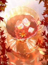 Rule 34 | caustics, cup, drink, fish, food focus, highres, ice, ice cube, leaf, makoron117117, maple leaf, no humans, original, red theme, reflection, saucer, still life, teacup