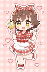 Rule 34 | 1girl, apron, bow, bow hairband, breasts, brown eyes, brown hair, character name, chibi, collarbone, commentary, dress, food, frilled apron, frills, hairband, hands up, heart, highres, holding, holding food, honda mio, ice cream crepe, idolmaster, idolmaster cinderella girls, medium breasts, no nose, open mouth, pink background, plaid, plaid dress, puffy short sleeves, puffy sleeves, red bow, red dress, red footwear, red hairband, short sleeves, smile, solo, standing, standing on one leg, two-tone dress, waist apron, white apron, white bow, white dress, yakitouhu3