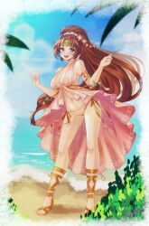 Rule 34 | 1girl, bare shoulders, bikini, blush, breasts, brown eyes, brown hair, circlet, cleavage, collarbone, fire emblem, fire emblem: mystery of the emblem, fire emblem: shadow dragon, fire emblem heroes, hair ornament, high heel sandals, highres, jewelry, large breasts, linde (fire emblem), linde (summer) (fire emblem), long hair, looking at viewer, megubunn, navel, nintendo, one-piece swimsuit, open mouth, pink bikini, ponytail, sandals, side-tie bikini bottom, smile, solo, starfish, starfish hair ornament, swimsuit, turtleneck, turtleneck one-piece swimsuit, very long hair