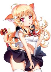 Rule 34 | 1girl, absurdres, ahoge, animal ears, bad id, bad pixiv id, bell, black sailor collar, black skirt, blonde hair, blush, bow, bowtie, breasts, cat ears, cat girl, cat hair ornament, cat tail, commentary request, cowboy shot, fingernails, hair ornament, hairclip, hand up, head tilt, heart, heart in mouth, highres, jingle bell, long hair, looking at viewer, medium breasts, midriff peek, mo xiaoxue, navel, original, panties, parted lips, pleated skirt, red bow, red bowtie, red eyes, sailor collar, school uniform, serafuku, shirt, short sleeves, simple background, skirt, solo, tail, tail bell, tail bow, tail ornament, tail raised, thighhighs, underwear, very long hair, white background, white panties, white shirt, white thighhighs, wide sleeves