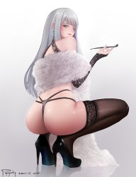 Rule 34 | 1girl, absurdres, ass, blue eyes, earrings, from behind, high heels, highres, jewelry, long hair, looking back, papayawhip, silver hair, solo, squatting, thighhighs, thong