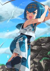 Rule 34 | 1girl, ;d, absurdres, arms up, black footwear, blue eyes, blue hair, blue pants, bright pupils, cloud, commentary request, coralreef966, creatures (company), day, fishing, fishing rod, game freak, hairband, highres, holding, holding fishing rod, lana (pokemon), leg up, nintendo, one eye closed, open mouth, outdoors, pants, pokemon, pokemon sm, sandals, shirt, short hair, sky, sleeveless, sleeveless shirt, smile, solo, swimsuit, swimsuit under clothes, toes, white shirt, yellow hairband