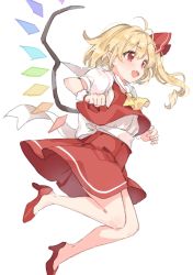 Rule 34 | 1girl, antenna hair, ascot, blonde hair, blush, bow, crystal, flandre scarlet, full body, highres, jumping, looking ahead, no headwear, open mouth, paragasu (parags112), pointy ears, puffy short sleeves, puffy sleeves, red bow, red eyes, red footwear, red ribbon, red skirt, red vest, ribbon, shirt, shoes, short sleeves, simple background, skirt, skirt set, solo, touhou, vest, white background, white shirt, wings