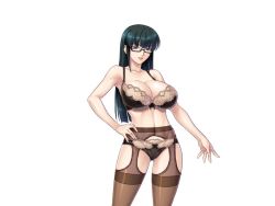Rule 34 | 1girl, arms behind back, black bra, black panties, blush, bra, breasts, brown eyes, cara the blood lord, cleavage, contrapposto, cowboy shot, crotchless, crotchless pantyhose, curvy, female focus, game cg, garter belt, garterhose, glasses, green hair, hand on own hip, kagami hirotaka, large breasts, lilith-soft, linea alba, lingerie, lipstick, long hair, makeup, navel, panties, panties over garter belt, pantyhose, semi-rimless eyewear, shiny skin, sidelocks, simple background, smile, solo, standing, thighband pantyhose, uehara kitae, under-rim eyewear, underwear, underwear only, white background