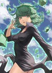 Rule 34 | 1girl, ass, black dress, blush, breasts, collarbone, commentary request, cowboy shot, curly hair, day, dress, fagi (kakikaki), flipped hair, from side, green eyes, green hair, hand up, long sleeves, looking at viewer, medium hair, one-punch man, open mouth, outdoors, rock, side slit, small breasts, solo, tatsumaki, teeth, upper teeth only