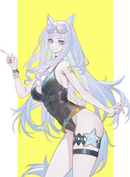 Rule 34 | 1girl, absurdres, animal ears, bad anatomy, bare shoulders, black choker, black one-piece swimsuit, character request, choker, covered navel, cowboy shot, echj, eyewear on head, gold ship (run revolt launcher) (umamusume), gold ship (umamusume), grey hair, hand up, highres, horse ears, long hair, looking at viewer, nail polish, one-piece swimsuit, pink nails, purple eyes, smile, solo, standing, sunglasses, swimsuit, tail, thigh strap, thighs, umamusume, very long hair