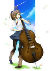 Rule 34 | 1girl, bad id, bad pixiv id, black pantyhose, blue sky, boots, brown hair, cello, day, double bass, female focus, full body, green eyes, instrument, naeta, nature, open mouth, original, outdoors, pantyhose, plant, ponytail, sky, smile, solo, squirrel, white background