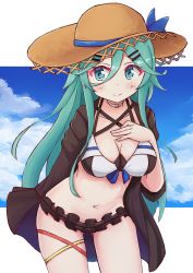 Rule 34 | 1girl, aqua eyes, aqua hair, bare shoulders, bikini, black ribbon, blue bow, blue sky, blush, bow, breasts, choker, cleavage, closed mouth, cloud, coat, day, frilled bikini, frills, hair between eyes, hair ornament, hairclip, halterneck, halterneck, hat, hat bow, highres, kaede shiroppu, kantai collection, large breasts, leaning forward, long hair, looking at viewer, lowleg, lowleg skirt, open clothes, open coat, ribbon, see-through, shoal, skirt, sky, smile, straw hat, swimsuit, tareme, yamakaze (kancolle)