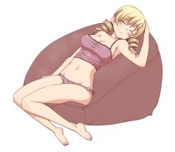 Rule 34 | 10s, 1girl, barefoot, blonde hair, blush, breasts, camisole, cleavage, drill hair, full body, kazabuki poni, large breasts, long legs, mahou shoujo madoka magica, mahou shoujo madoka magica (anime), navel, panties, simple background, sleeping, solo, tomoe mami, twin drills, twintails, underwear, white background