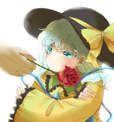 Rule 34 | 1girl, bad id, bad pixiv id, flower, frilled sleeves, frills, green eyes, green hair, hat, komeiji koishi, out of frame, rose, shirt, short hair, solo focus, tears, thorns, touhou, wide sleeves, yamakei3811
