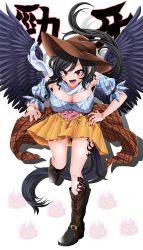Rule 34 | 1girl, :d, absurdres, bandana, bare shoulders, black footwear, black hair, black wings, blouse, blue shirt, boots, bracelet, breasts, brown hat, cleavage, cowboy hat, cross-laced footwear, fang, feathered wings, hand on own hip, hat, highres, jewelry, kurokoma saki, lace-up boots, leaning forward, leg tattoo, long hair, looking at viewer, nail polish, off-shoulder shirt, off shoulder, open mouth, orange skirt, plaid, plaid shirt, puffy short sleeves, puffy sleeves, red eyes, red nails, rihito (usazukin), shirt, short sleeves, simple background, skirt, smile, solo, tattoo, thighs, touhou, unmoving pattern, white background, wings
