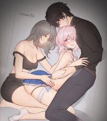 1boy 2girls baba19h bisexual_female black_hair black_skirt blue_skirt blush boy_and_girl_sandwich breasts cleavage dan_heng_(honkai:_star_rail) female_collaborator ffm_threesome grey_hair group_sex hair_between_eyes honkai:_star_rail honkai_(series) kneeling large_breasts long_sleeves march_7th_(honkai:_star_rail) multiple_girls off_shoulder open_mouth orange_eyes pants pink_eyes pink_hair pleated_skirt sandwiched short_hair_with_long_locks signature simple_background skirt socks stelle_(honkai:_star_rail) sweat thigh_strap threesome topless trailblazer_(honkai:_star_rail) white_socks