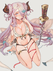 Rule 34 | 10s, 1girl, arm support, bad id, bad pixiv id, bikini, blue eyes, blush, braid, breasts, collarbone, commentary request, covered erect nipples, draph, freng, full body, granblue fantasy, hair ornament, hair over one eye, highres, horns, large breasts, long hair, looking at viewer, narmaya (granblue fantasy), narmaya (summer) (granblue fantasy), purple hair, sandals, sitting, solo, swimsuit, sword, very long hair, wariza, weapon, white bikini
