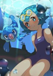 Rule 34 | 1girl, :t, absurdres, air bubble, bare arms, blue eyes, blue hair, blue one-piece swimsuit, blurry, blush, bright pupils, bubble, closed mouth, collarbone, commentary request, covered navel, creatures (company), freckles, from below, game freak, gen 7 pokemon, goggles, goggles on head, highres, lana (pokemon), looking at viewer, nintendo, no sclera, one-piece swimsuit, pokemon, pokemon (anime), pokemon (creature), pokemon sm (anime), popplio, shiny skin, short hair, smile, swimsuit, taisa (lovemokunae), underwater, white pupils