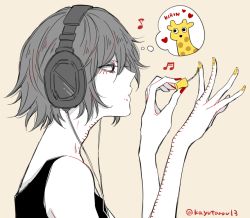 Rule 34 | 1boy, awara kayu, black shirt, commentary request, eighth note, from side, giraffe, hair ornament, headphones, male focus, musical note, nail polish, shirt, short hair, solo, spoken musical note, stitches, suzuya juuzou, thought bubble, tokyo ghoul, tokyo ghoul:re, twitter username, yellow nails