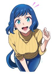 Rule 34 | 1girl, :d, aqua eyes, batta 16-sei, blue hair, blue pants, blush, breasts, commentary, cowboy shot, denim, gundam, gundam build fighters, happy, highres, iori rinko, jeans, leaning forward, long hair, looking at viewer, low ponytail, mature female, medium breasts, open mouth, pants, ribbed sweater, signature, simple background, smile, solo, standing, sweater, swept bangs, teeth, thigh gap, tongue, turtleneck, turtleneck sweater, white background, yellow sweater
