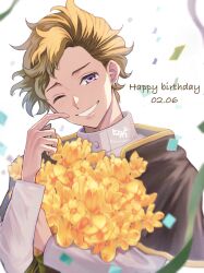 Rule 34 | 1boy, artist logo, black capelet, black clover, brown hair, capelet, cherrygris, earrings, finral roulacase, flower, highres, holding, holding flower, jewelry, long sleeves, male focus, one eye closed, open mouth, purple eyes, shirt, short hair, smile, solo, swept bangs, twitter username, white shirt