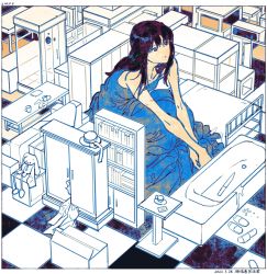 Rule 34 | 1girl, acyantree, bare shoulders, bathtub, bed, bed sheet, blue dress, blue eyes, book, bookshelf, cabinet, chair, checkered floor, closed mouth, collarbone, cup, dated, desk, dress, giant, giantess, hat, heterochromia, highres, knife, long hair, original, purple eyes, purple hair, shower (place), sitting, solo, spill, stuffed animal, stuffed rabbit, stuffed toy, table, tile floor, tiles