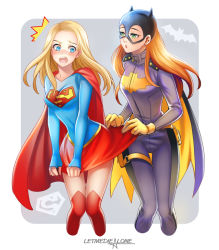 Rule 34 | 2girls, animal ears, bat ears, batgirl, batman (series), blonde hair, blue eyes, blue shirt, blush, bodysuit, brown hair, cape, clothes lift, cropped legs, dc comics, earrings, embarrassed, fake animal ears, floating hair, gloves, green eyes, jewelry, lifting another&#039;s clothes, long hair, long sleeves, mask, miniskirt, multiple girls, open mouth, purple bodysuit, red cape, red legwear, red skirt, se-lene, shirt, skirt, skirt lift, skirt tug, supergirl, superman (series), thigh strap, thighhighs, yellow gloves