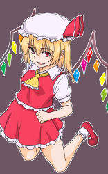 Rule 34 | 1girl, ascot, blonde hair, breasts, collared shirt, crystal, flandre scarlet, frilled ascot, frilled shirt collar, frilled skirt, frills, full body, grey background, hair between eyes, hat, hat ribbon, highres, kakone, legs up, looking at viewer, medium hair, mob cap, one-hour drawing challenge, open mouth, puffy short sleeves, puffy sleeves, rainbow order, red eyes, red footwear, red ribbon, red skirt, red vest, ribbon, shirt, short sleeves, side ponytail, simple background, skirt, skirt set, small breasts, smile, solo, touhou, vest, white hat, white legwear, white shirt, wings, yellow ascot