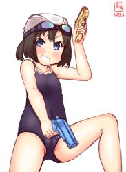 Rule 34 | 1girl, alternate costume, artist logo, black hair, blue eyes, blue one-piece swimsuit, bob cut, cameltoe, cleft of venus, collarbone, commentary request, competition school swimsuit, daitou (kancolle), dated, dual wielding, goggles, goggles on head, grin, high ponytail, highres, holding, kanon (kurogane knights), kantai collection, look-alike, one-piece swimsuit, school swimsuit, short hair, sidelocks, simple background, smile, solo, swim cap, swimsuit, water gun, white background