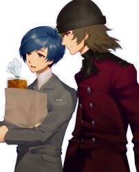 Rule 34 | 2boys, aragaki shinjirou, artist name, bag, beanie, blue eyes, blue hair, bread, brown hair, buttons, closed mouth, coat, commentary, food, formal, grey suit, hat, highres, holding, holding bag, male focus, medium hair, multiple boys, open mouth, persona, persona 3, red coat, shopping bag, short hair, simple background, smile, suit, swept bangs, t kwa, upper body, white background, yuuki makoto (persona 3)