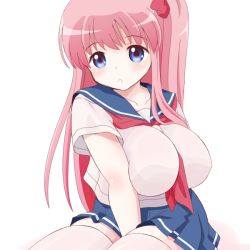 Rule 34 | 1girl, between breasts, blue eyes, blue skirt, blush, breasts, collarbone, haramura nodoka, large breasts, long hair, looking at viewer, neckerchief, parted lips, pink hair, red neckerchief, ringo (nanaprin), saki (manga), skirt, solo, thighhighs, white thighhighs