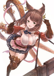 Rule 34 | 1girl, akita hika, animal ears, armored boots, boots, breasts, brown hair, cleavage, clothing cutout, dress, gauntlets, granblue fantasy, green eyes, highres, holding case, la coiffe (granblue fantasy), large breasts, leaning forward, long hair, long sleeves, looking at viewer, open mouth, shoulder cutout, simple background, smile, solo, standing, standing on one leg, teeth, thighhighs, upper teeth only, white background