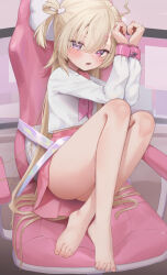 Rule 34 | 1girl, ahoge, bare legs, barefoot, blonde hair, blush, bound, bound wrists, chair, crossed legs, fang, feet, full body, gaming chair, hair between eyes, hair ornament, hairclip, heterochromia, highres, knees up, legs, long hair, long sleeves, looking at viewer, midriff peek, miniskirt, neckerchief, on chair, one side up, open mouth, original, pink eyes, pink neckerchief, pink sailor collar, pleated skirt, purple eyes, restrained, rryiup, sailor collar, school uniform, serafuku, shirt, sitting, skin fang, skirt, solo, spread toes, swivel chair, thighs, toenails, toes, very long hair, white shirt