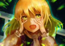 Rule 34 | 1girl, absurdres, black shirt, blonde hair, brown jacket, commentary, commentary request, crying, crying with eyes open, english commentary, face, green eyes, hair between eyes, hands on own face, highres, jacket, looking at viewer, medium hair, mixed-language commentary, mizuhashi parsee, multicolored clothes, multicolored jacket, naruenaga, open mouth, pointy ears, scarf, shirt, solo, tears, touhou, white scarf