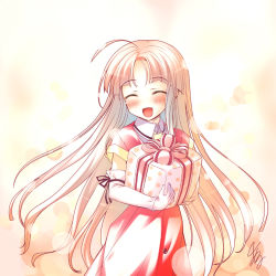 Rule 34 | 00s, 1girl, ahoge, al azif (artist), aru (abyssinia), blush, elbow gloves, closed eyes, gift, gloves, happiness!, happy, holding, holding gift, long hair, open mouth, shikimori ibuki, smile, solo, tears, very long hair