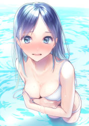 Rule 34 | 1girl, absurdres, backlighting, bikini, blue eyes, blue hair, blush, breast press, breasts, cleavage, embarrassed, hands on own chest, highres, looking at viewer, medium breasts, nose blush, open mouth, original, parted bangs, partially translated, rinku (rin9), solo, standing, strap slip, swimsuit, translation request, water, water drop, white bikini
